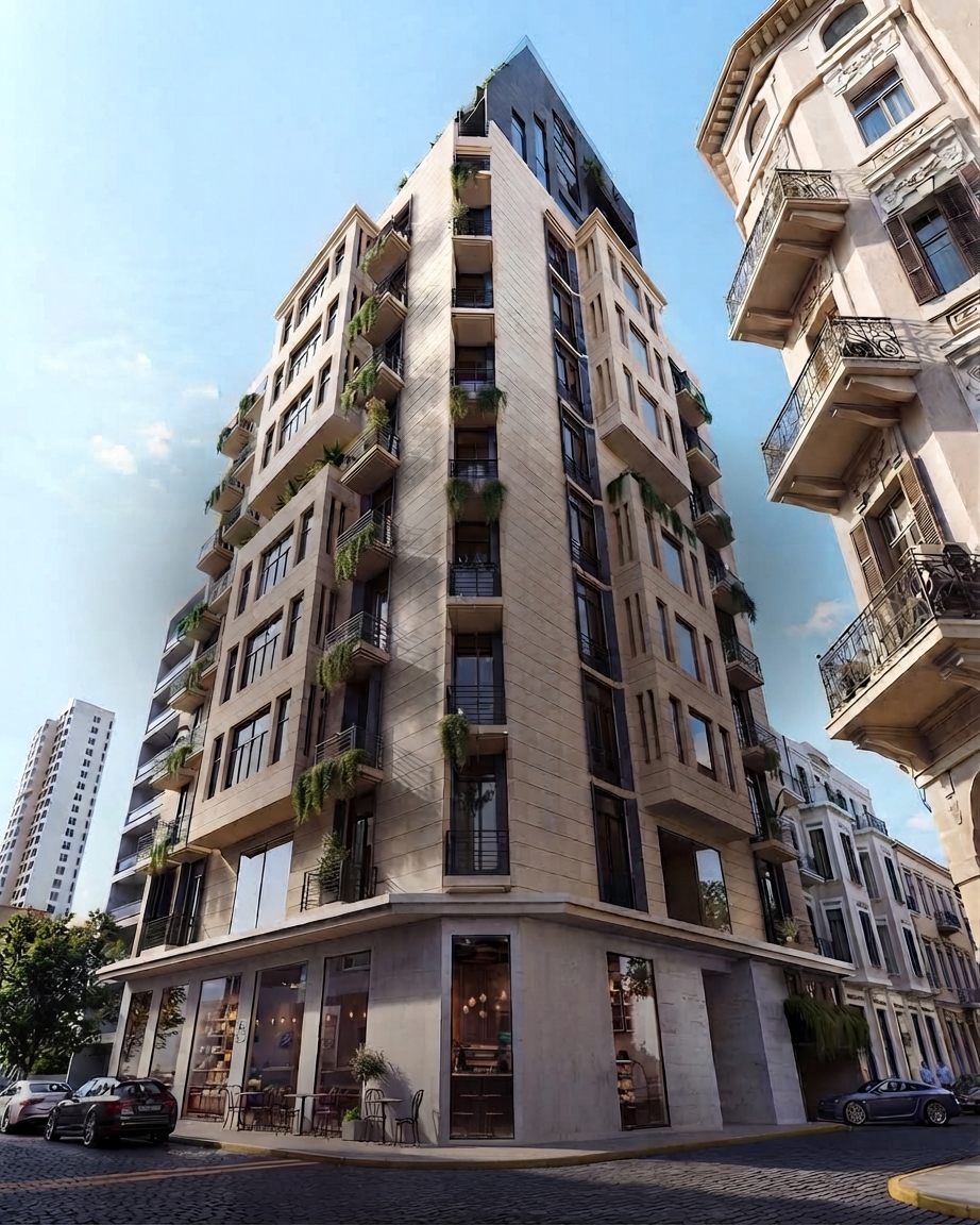 Residential tower with gold louvers and planted curved balconies at dusk