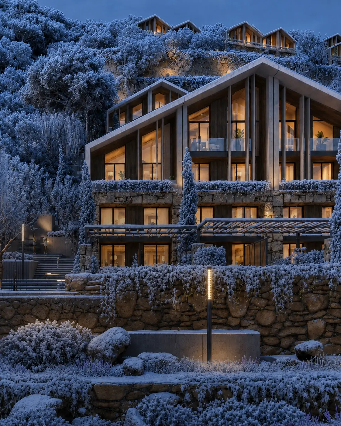 Frosted mountain chalet residence at dusk